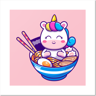 Cute Unicorn In Ramen Bowl Cartoon Posters and Art